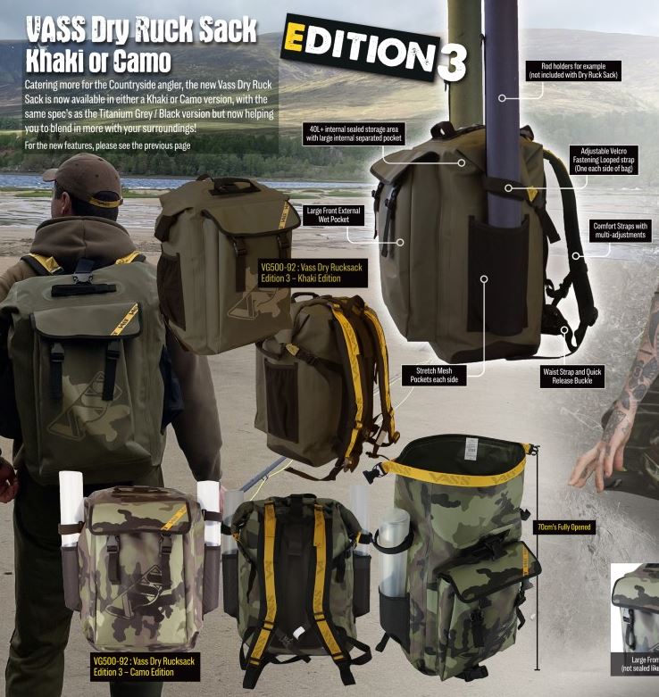 Vass Edition 3 Dry Fishing Ruck Sack 40L -Waterproof Roll top Fishing Tackle Bag