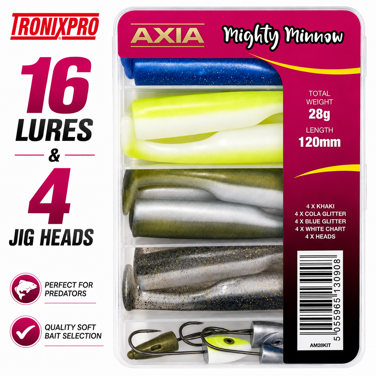 Tronixpro Axia Mighty Minnow Kit - 28g | 16 Lures | 4 Jig Heads  Sea Fishing Kit