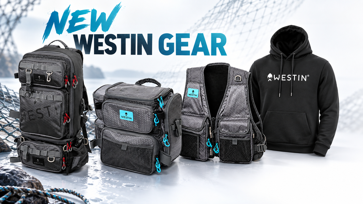 New Westin fishing gear including two distinct bags, fishing vest and hoodie