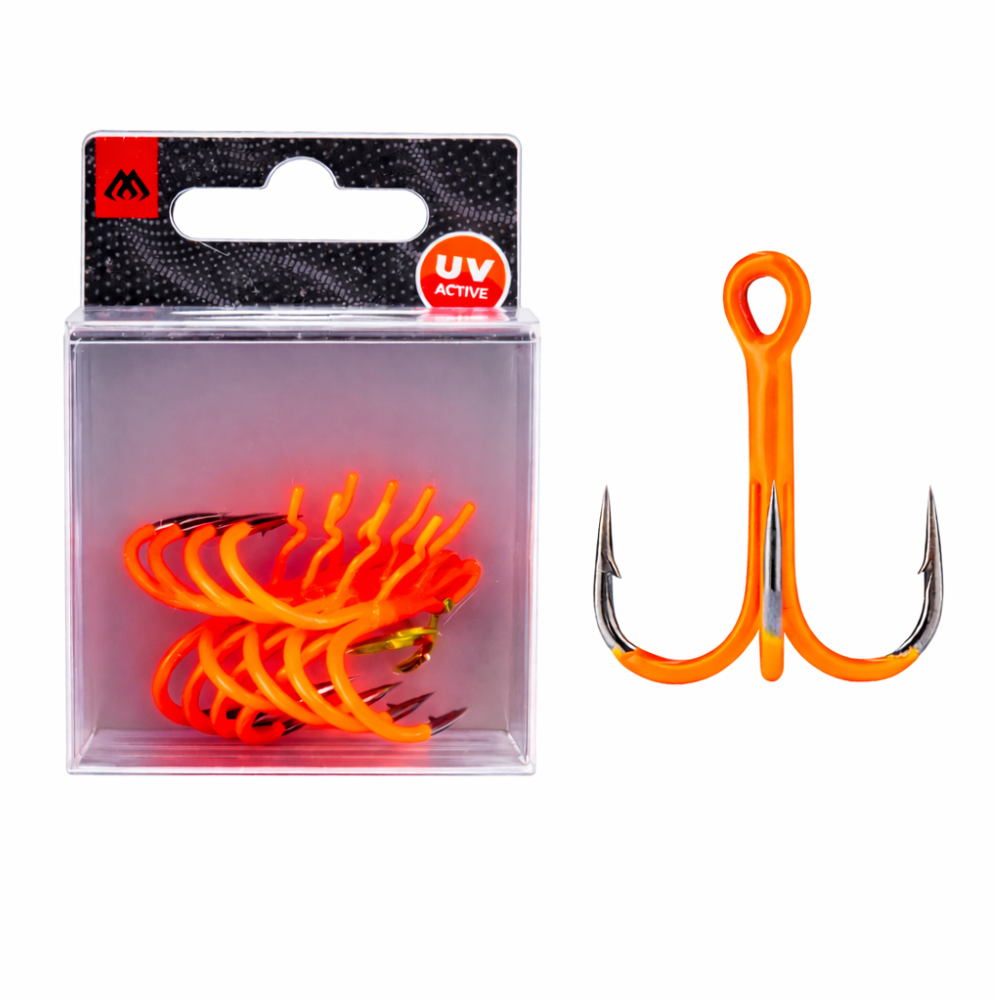 Mikado Jaws UV Treble Hooks 6pcs - UV Orange Coated Fishing Hook
